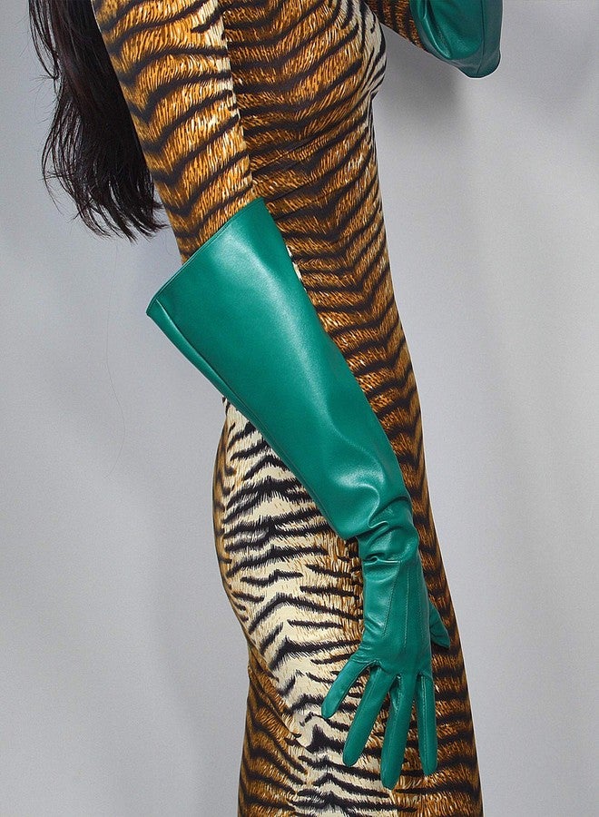 DooWay Women Long Leather Gloves Faux Lambskin PU 20-inches Kelly Green Wide Sleeves Elbow-Length Gauntlet Gloves - Image 3